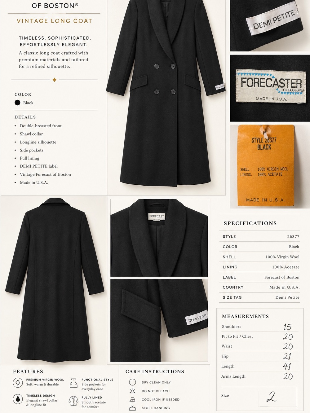 PtP 20”🆕 Forecaster of Boston Black Long Wool Trench Coat - Demi Petite Size 2